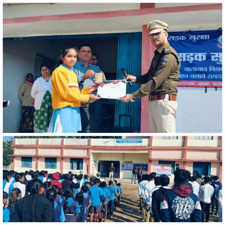 स्कूली बच्चों को चौकी खड़गवां पुलिस ने दी यातायात नियमों की जानकारी, यातायात जागरूकता व सुरक्षा संबंधी उत्कृष्ट चित्रकला व निबंध पर छात्रों को किया गया पुरस्कृत।