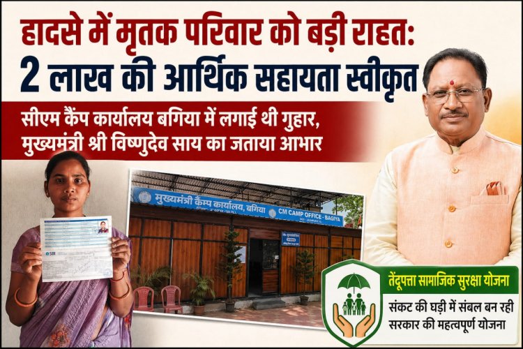 हादसे में मृतक परिवार को मिली बड़ी राहत: 2 लाख रुपए की सहायता स्वीकृत, सीएम कैंप कार्यालय बगिया में आवेदन के बाद त्वरित कार्रवाई  